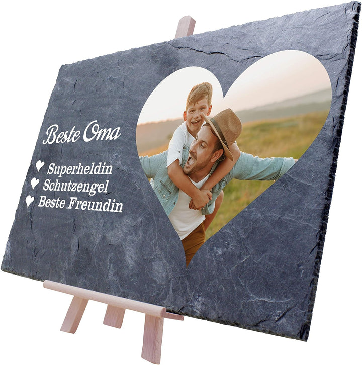 wandmotiv24 Schiefertafel mit Staffelei Personalisiert, Digitaldruck Farb-Foto im Herzformat, Text B