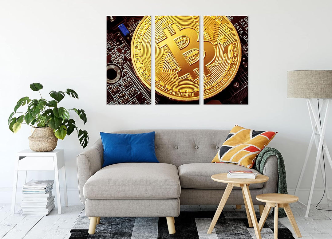Bitcoin BTC auf Platineals Leinwandbild 3 teilig | Grösse: 120x80 cm | Wandbild | Kunstdruck | ferti