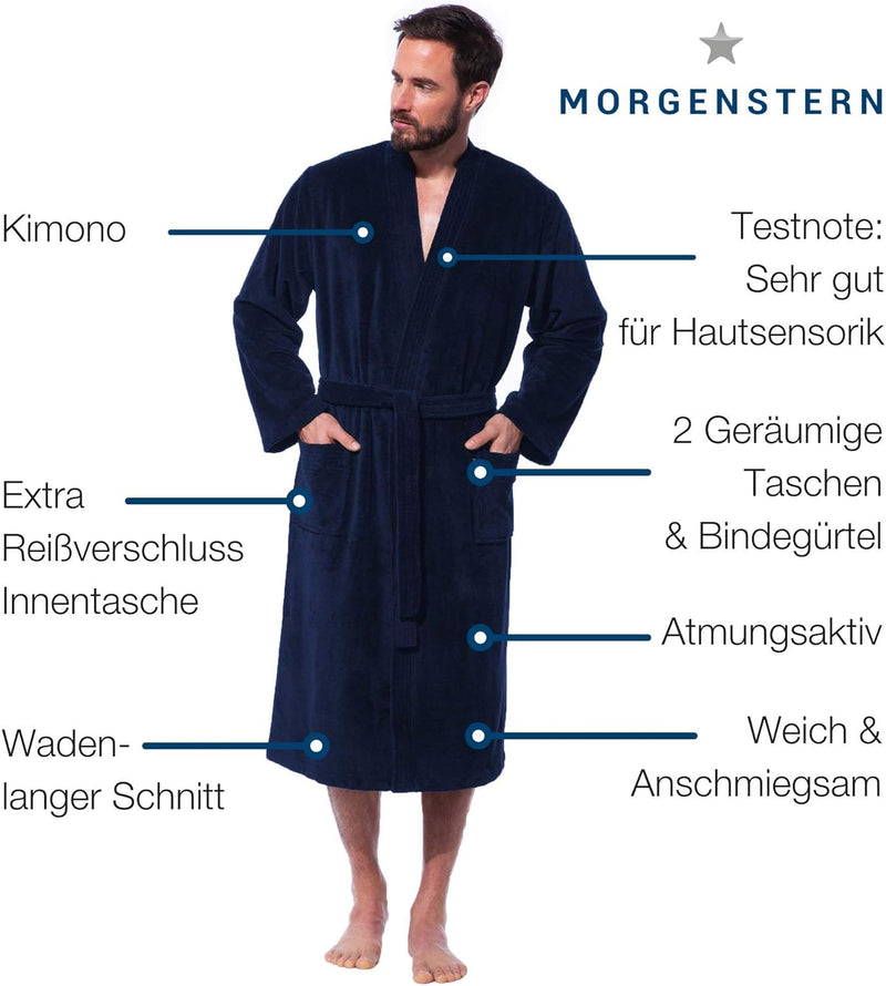 Morgenstern Herren Bademantel Kimono in Blau Männer Baumwolle Microfaser Viskose wadenlang leicht Gr