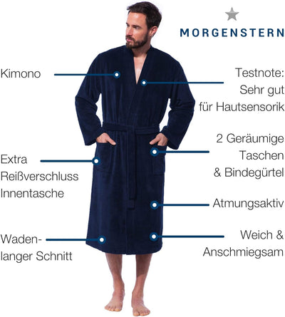 Morgenstern Kimono Bademantel Adam für Herren wadenlang L Nachtblau, L Nachtblau