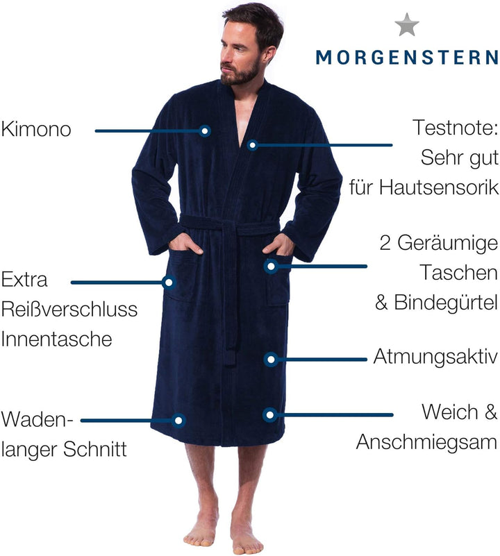 Morgenstern Kimono Bademantel Adam für Herren wadenlang L Nachtblau, L Nachtblau