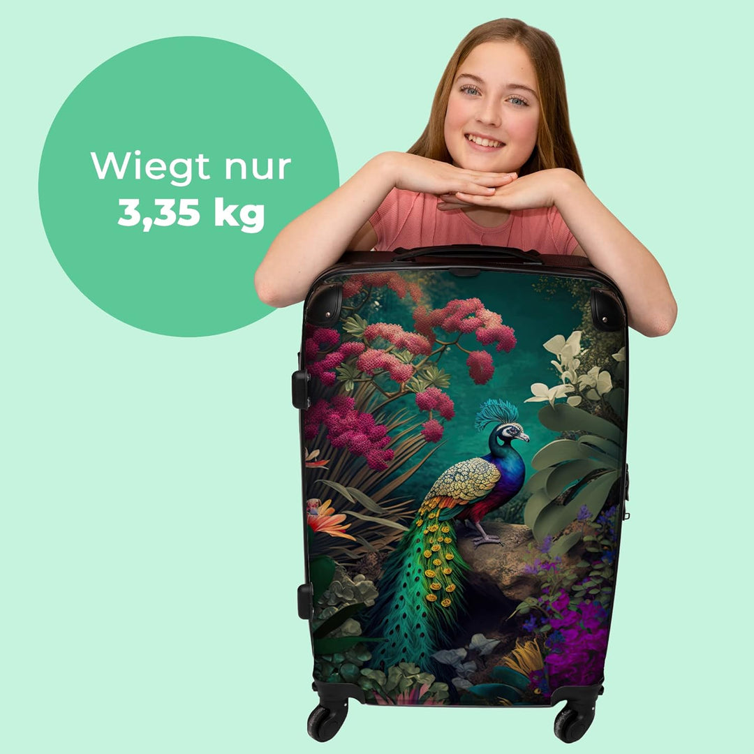 Koffer gross Trolley Rollkoffer Reisekoffer mit 4 Rollen Fotokoffer - Pfau - Federn - Blumen - Vogel