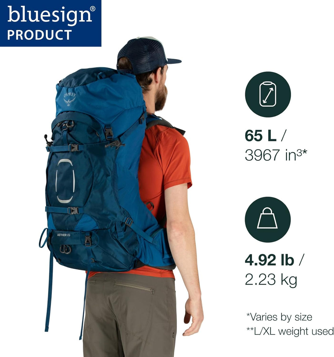 Osprey Aether 65 Trekkingrucksack für Männer Deep Water Blue S-M, Deep Water Blue S-M