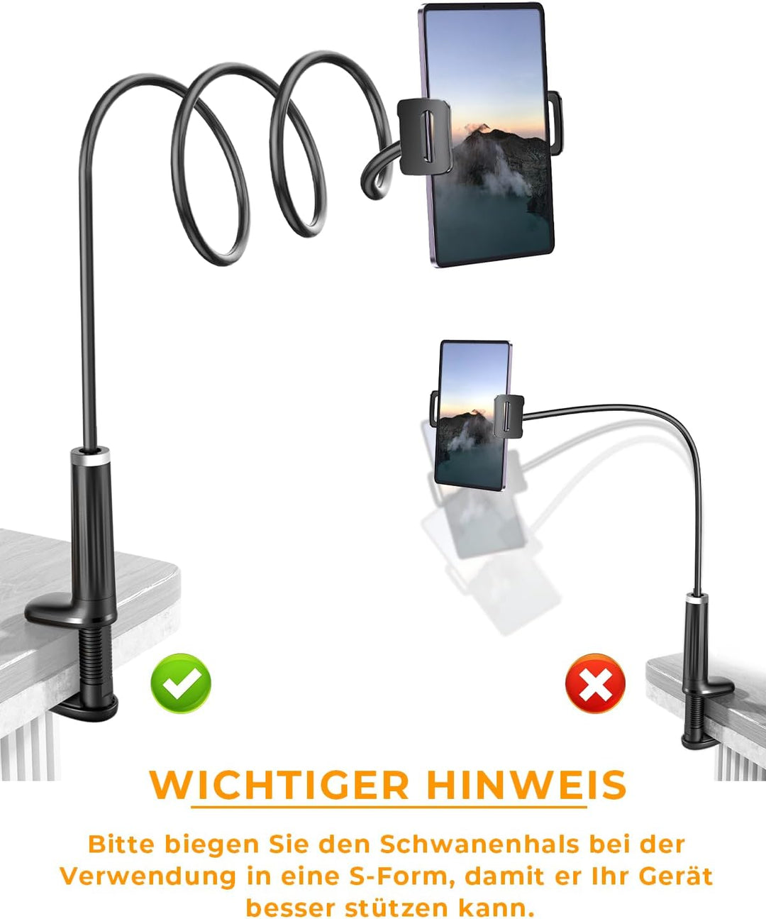 Schwanenhals Tablet & Kindle halterung Bett: 360° Sockel mit Flexibler Lang Arm Ständer eReader Hand
