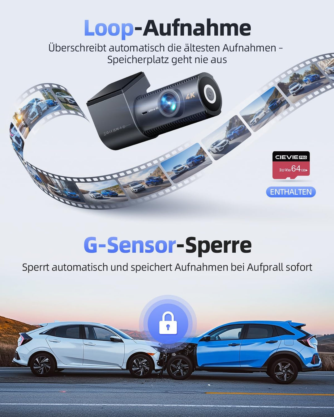 4K Dashcam Auto Vorne Hinten mit GPS 5GHz WiFi, Dual Dashcam 1,5″ IPS Display, Auto Kamera mit 64GB