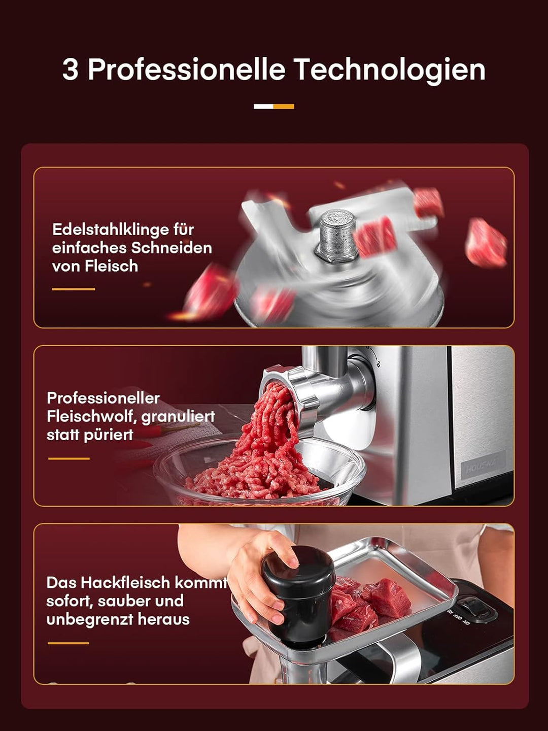 Fleischwolf Elektrisch, CompactPower Wurstaufsatz, 1500W Blockierleistung, 450W, 3 Edelstahl Loch-Sc