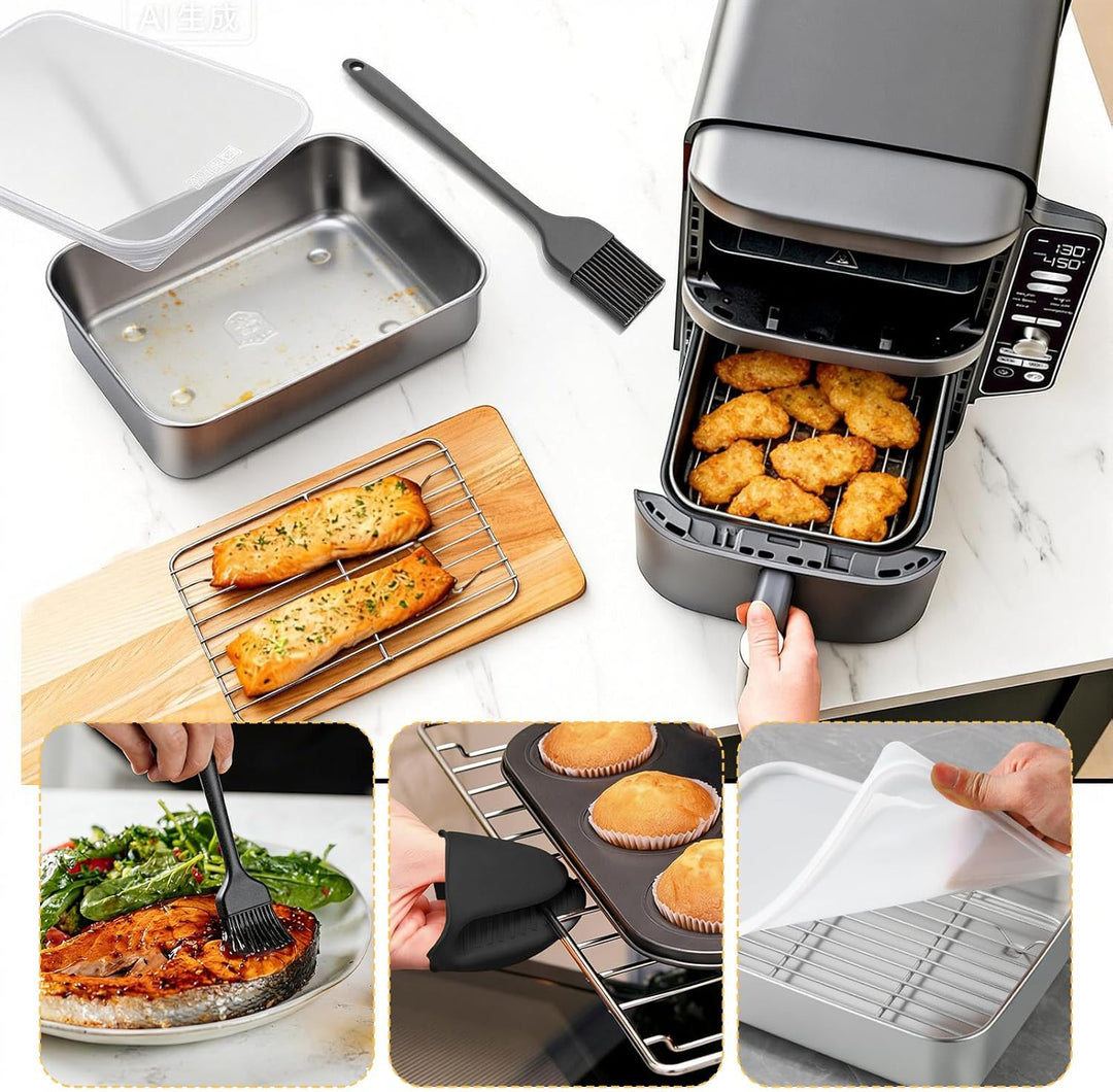 Kleine Auflaufform für Airfryer 20 * 15 * 5cm Edelstahl Auflaufform für Heissluftfritteuse mit Decke