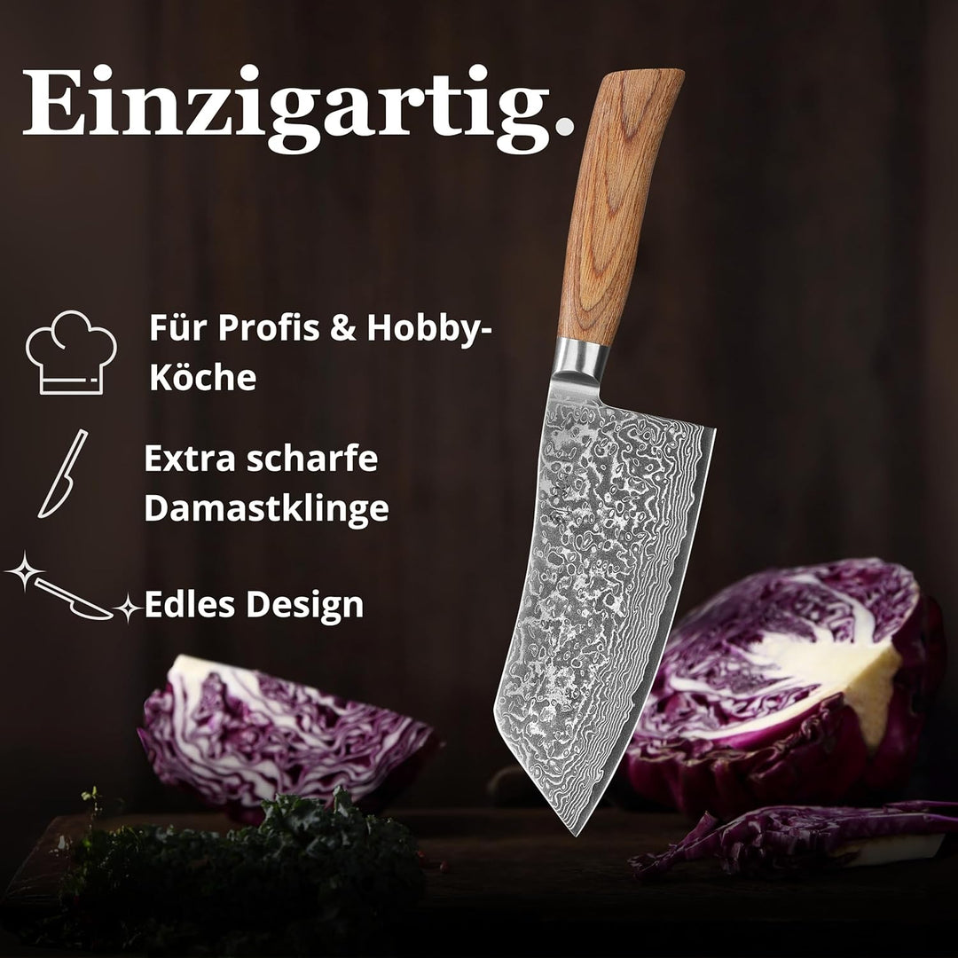 Wakoli EDIB Pro Chinesisches Kochmesser aus echtem Damaststahl (VG10 Kern) 17 cm Klinge – Scharf & a