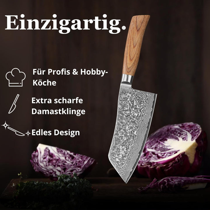 Wakoli EDIB Pro Chinesisches Kochmesser aus echtem Damaststahl (VG10 Kern) 17 cm Klinge – Scharf & a