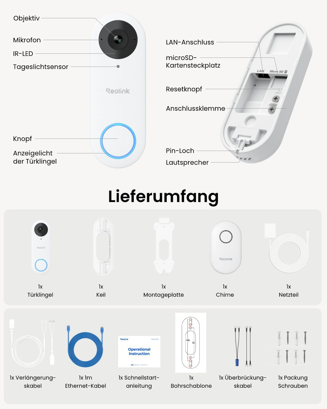 Reolink 5MP Video-Türklingel Wi-Fi Kamera mit Chime, 3:4 Kopf-zu-Fuss-Ansicht, 180° Blick, 5/2,4GHz