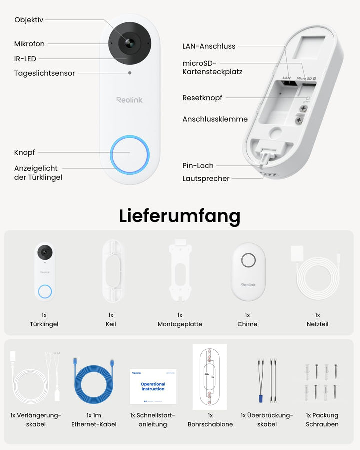 Reolink 5MP Video-Türklingel Wi-Fi Kamera mit Chime, 3:4 Kopf-zu-Fuss-Ansicht, 180° Blick, 5/2,4GHz