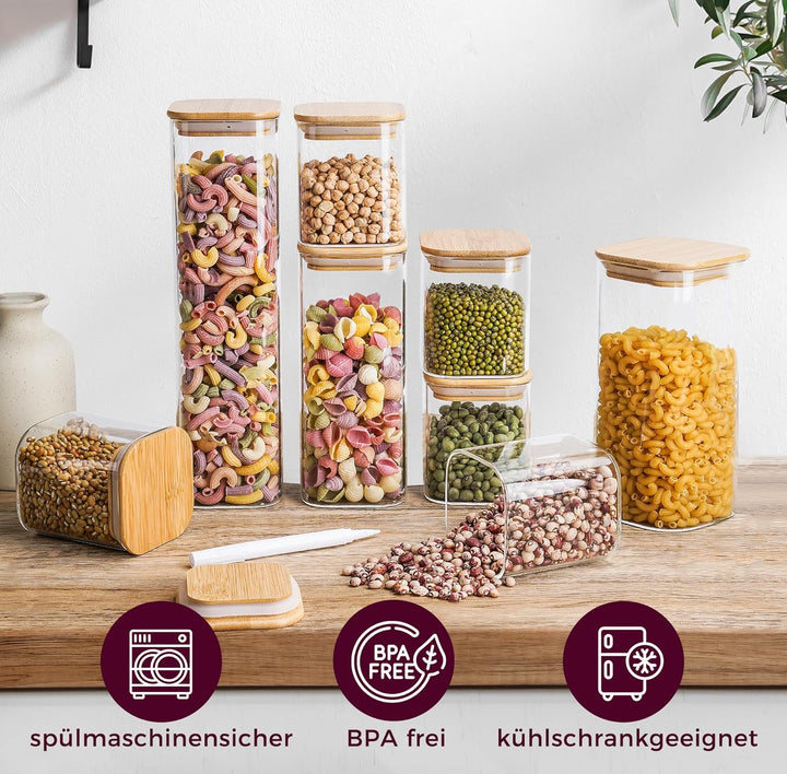 Happy Lemuro Premium Vorratsgläser mit Deckel Eckig [Extra Dickes Glas] 4 x 1,4l - Müsli, Spaghetti