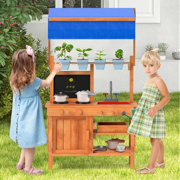 COSTWAY Matschküche Kinder Outdoor, Kinderküche Holz mit Sonnendach & Tafel & Pflanzbechern & Schauf