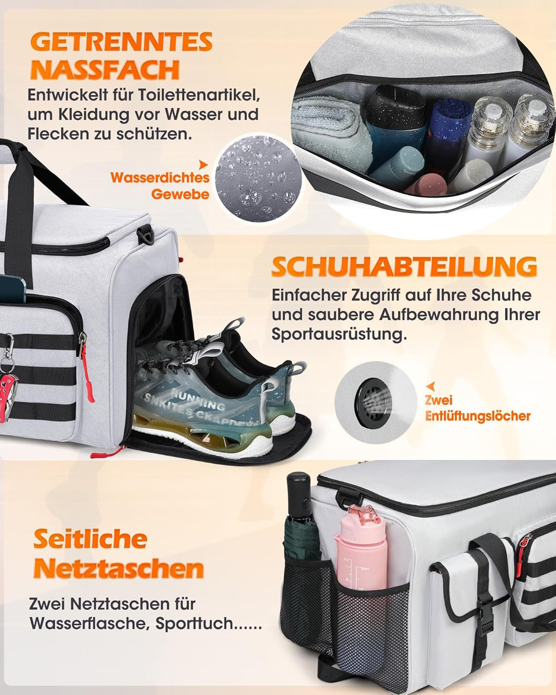 RAINSMORE 3 IN 1 Sporttasche Herren 45L Reisetasche Rucksackfunktion Handgepäck mit Schuhfach Latopf