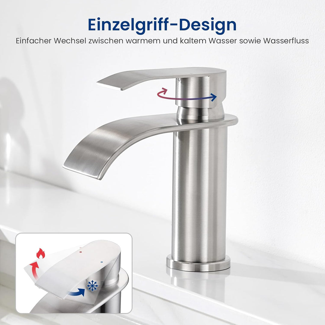 CECIPA Wasserhahn Bad Gebürstet, Edelstahl Waschtischarmatur mit Auslauf Höhe 86 MM, Waschbecken Arm