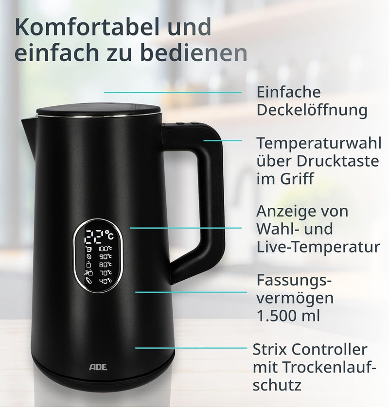 ADE Energiesparender Wasserkocher mit Temperatureinstellung 40-100°C | 1,5 l | Edelstahl | BPA-frei