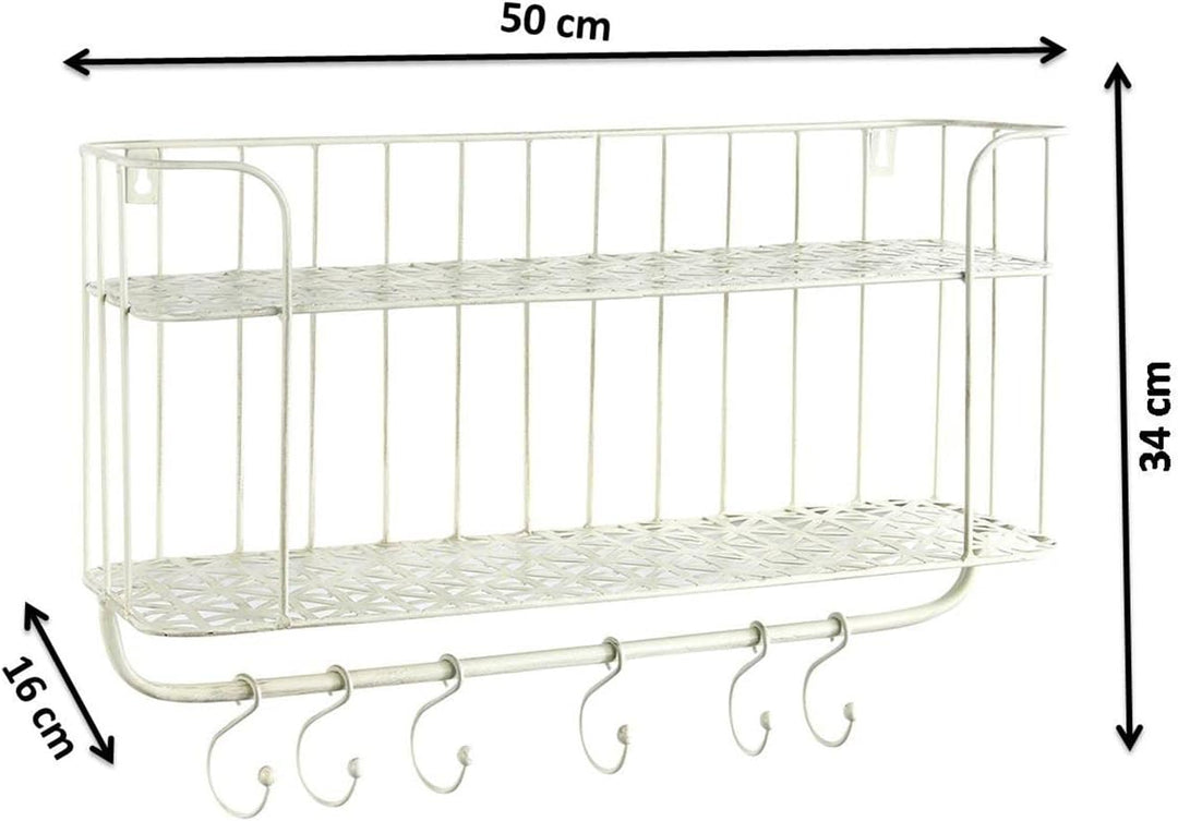 Kobolo Wandregal Hängeregal Küchenregal - 6 Haken - Metall - Weiss Creme - 50x16x34 cm