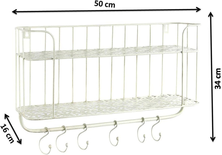 Kobolo Wandregal Hängeregal Küchenregal - 6 Haken - Metall - Weiss Creme - 50x16x34 cm