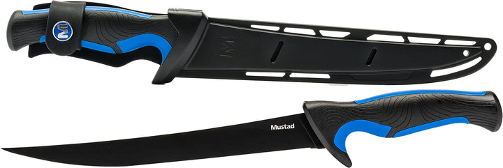Mustad Filetiermesser, ergonomischer Griff, strukturierter Griff, mit Scheide, Blau 23 cm, 23 cm