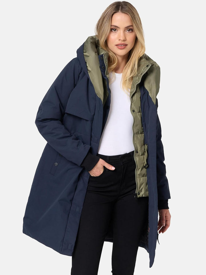 Navahoo Damen Mantel Lange warme Winter Steppjacke mit Kapuze Snowelf XS-XXL XXL Navy, XXL Navy