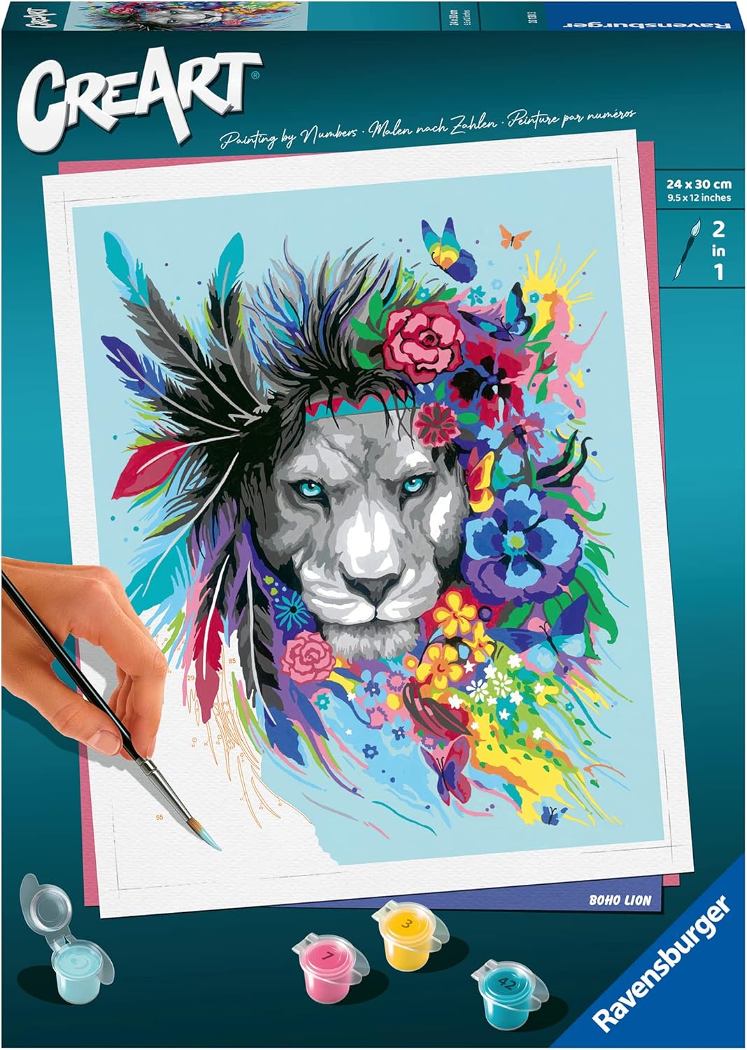Ravensburger CreArt 20130 - Boho Löwe - Malen nach Zahlen Erwachsene, DIY Malset mit Pinsel und Acry