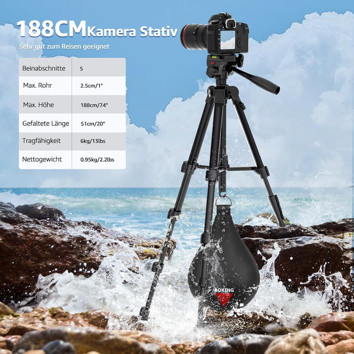 Lusweimi 187cm Kamera Stativ, Aluminium Reisestativ mit 360° Panorama Fluidkopf&2 QR-Platten für Son