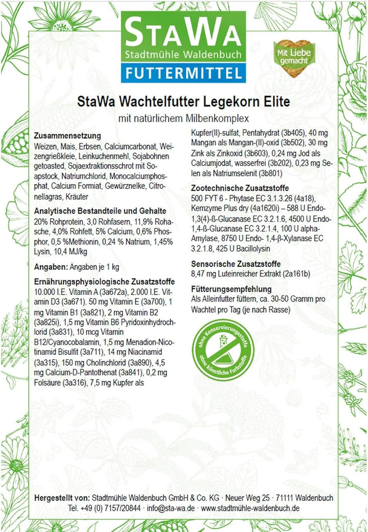 STAWA Wachtelfutter Legekorn Elite mit natürlichem Milbenkomplex, ohne Gentechnik, ohne künstliche K
