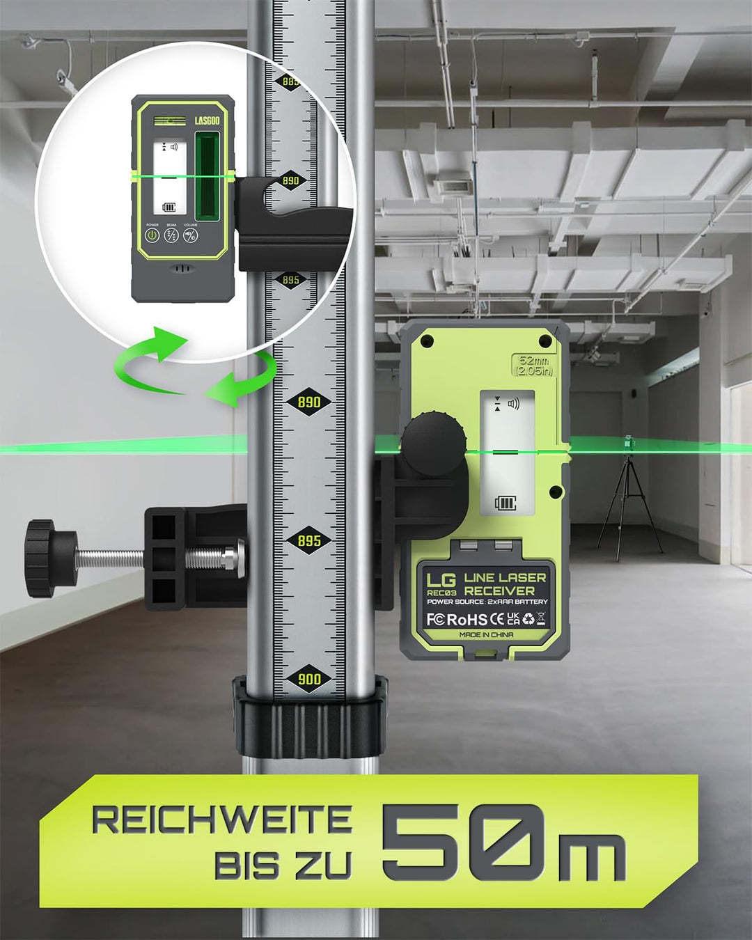 LasGoo LG-REC03 Laserdetektor für Linienlaser, 50 m Reichweite, Dual-LCD mit Hintergrundbeleuchtung,