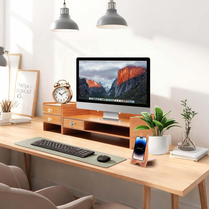 Monitorständer mit Schublade, 65,5cm Bildschirmerhöhung aus Holz für PC &amp; Laptop, Schreibtisch Organ