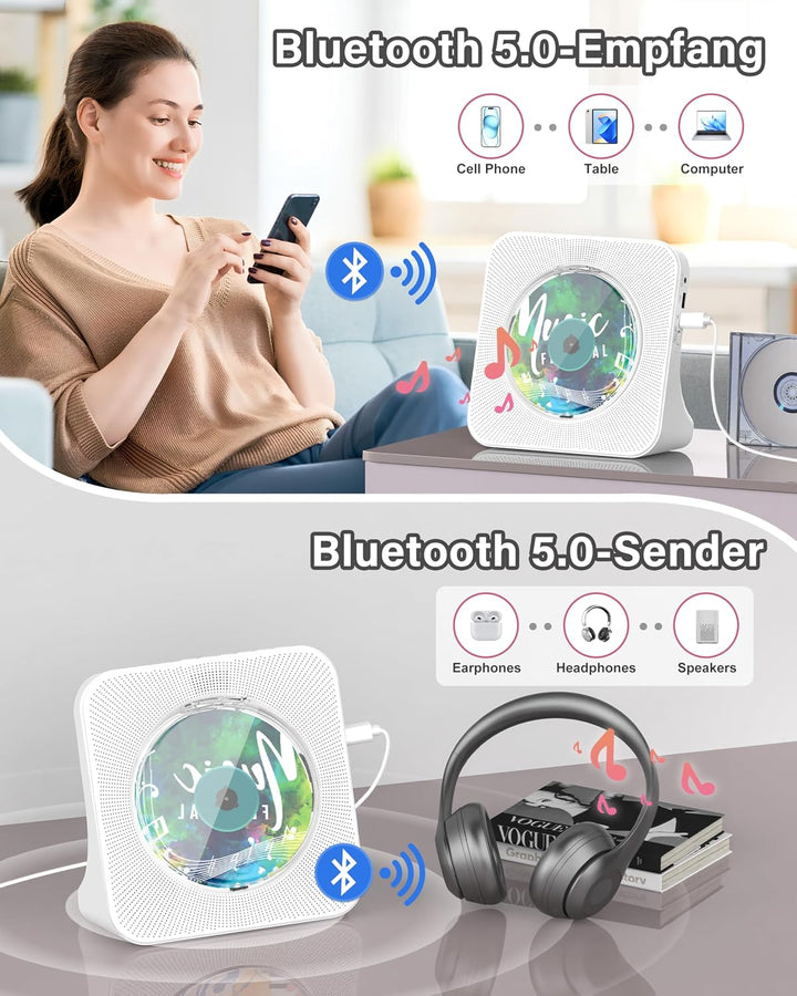 Greadio CD-Player Tragbar mit Bluetooth 5.0,CD-Musik-mit Fernbedienung,HiFi-Sound-Lautsprecher,Staub