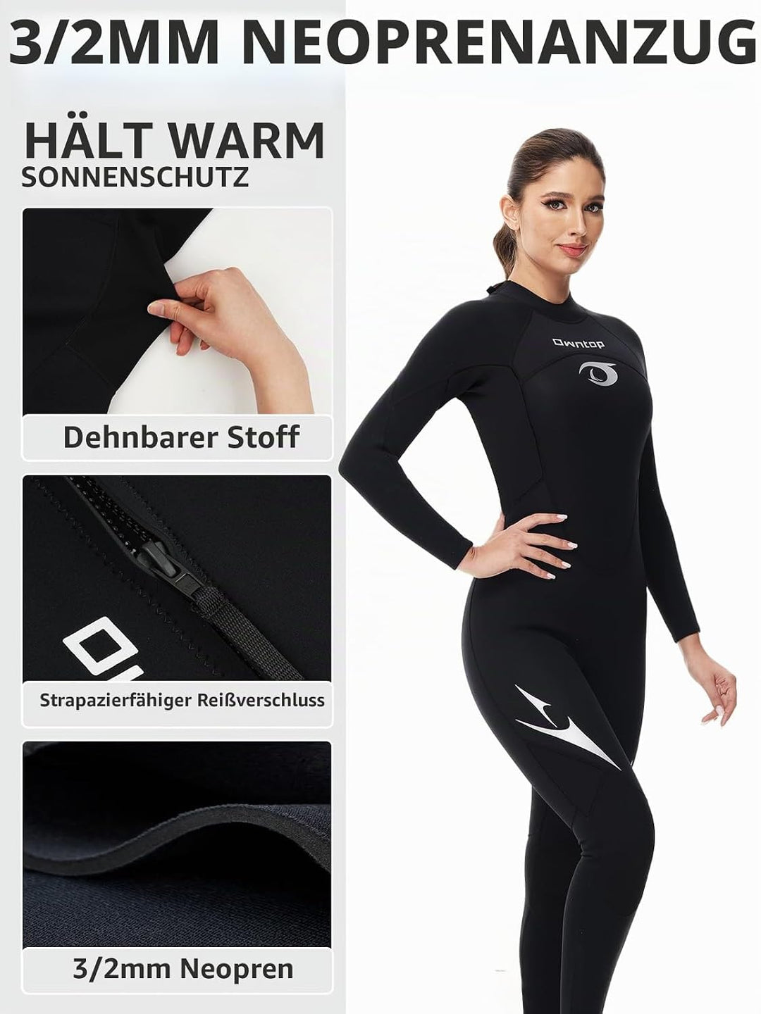 Owntop Herren Damen Ganzkörper 3/2mm Neoprenanzug, Ultra-Stretch Langarm Winter Neoprenanzug, Rücken