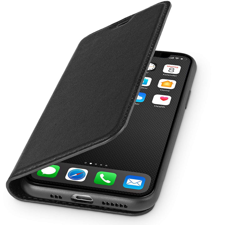WIIUKA Echt Ledertasche - TRAVEL - Hülle für iPhone 11, mit Kartenfach, extra Dünn, Tasche Schwarz,