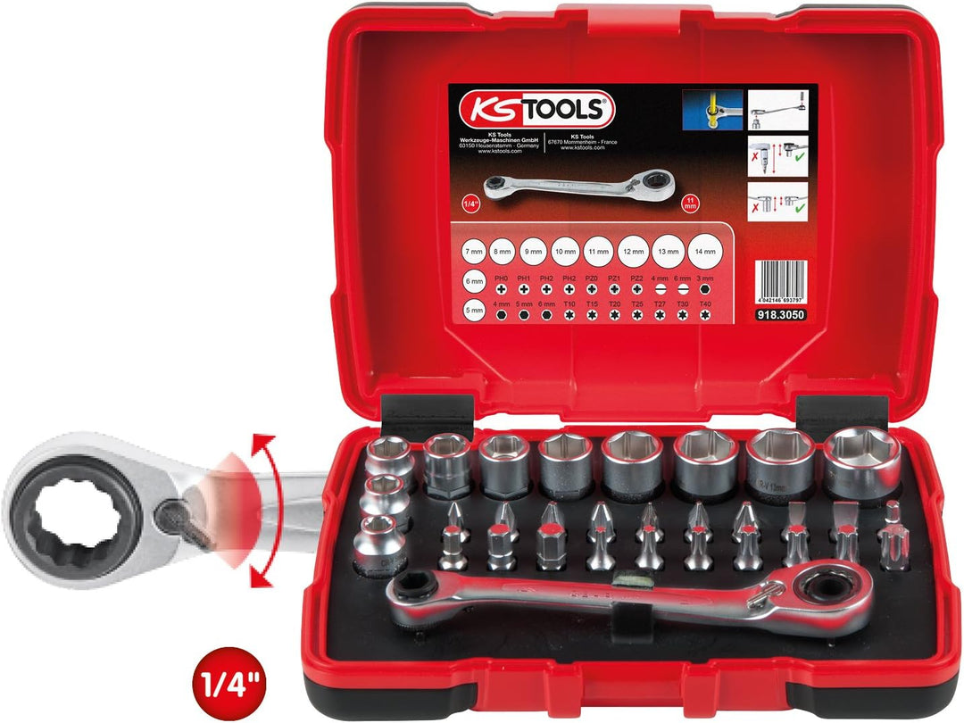 KS Tools 918.3050 1/4" + 11 mm Durchgangs-Steckschlüssel- und Bit-Satz, 31-tlg