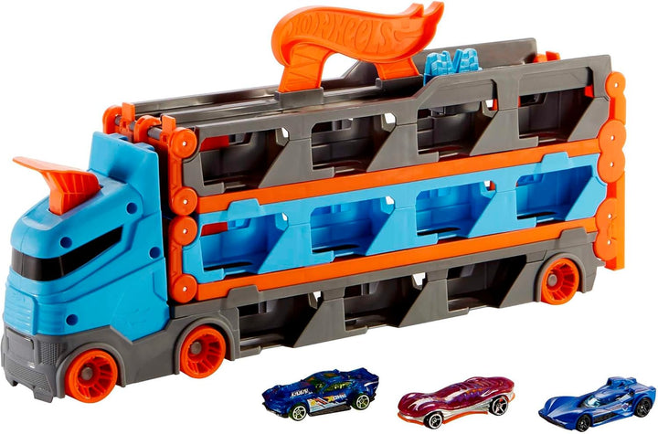Hot Wheels 2:1 Autorennbahn zu Transporter, inkl. 3 Spielzeugautos, mit Doppelstarter, Auslösefunkti