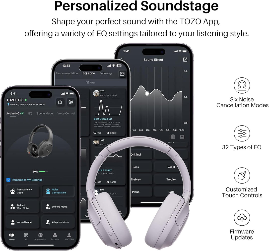 TOZO HT3 Kopfhörer Kabellos Bluetooth Over Ear, Noise Cancelling Kopfhörer mit 5 Mics,90 Std, Hi-Res