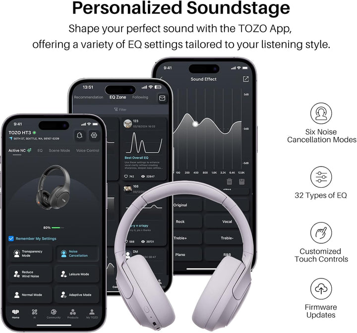 TOZO HT3 Kopfhörer Kabellos Bluetooth Over Ear, Noise Cancelling Kopfhörer mit 5 Mics,90 Std, Hi-Res