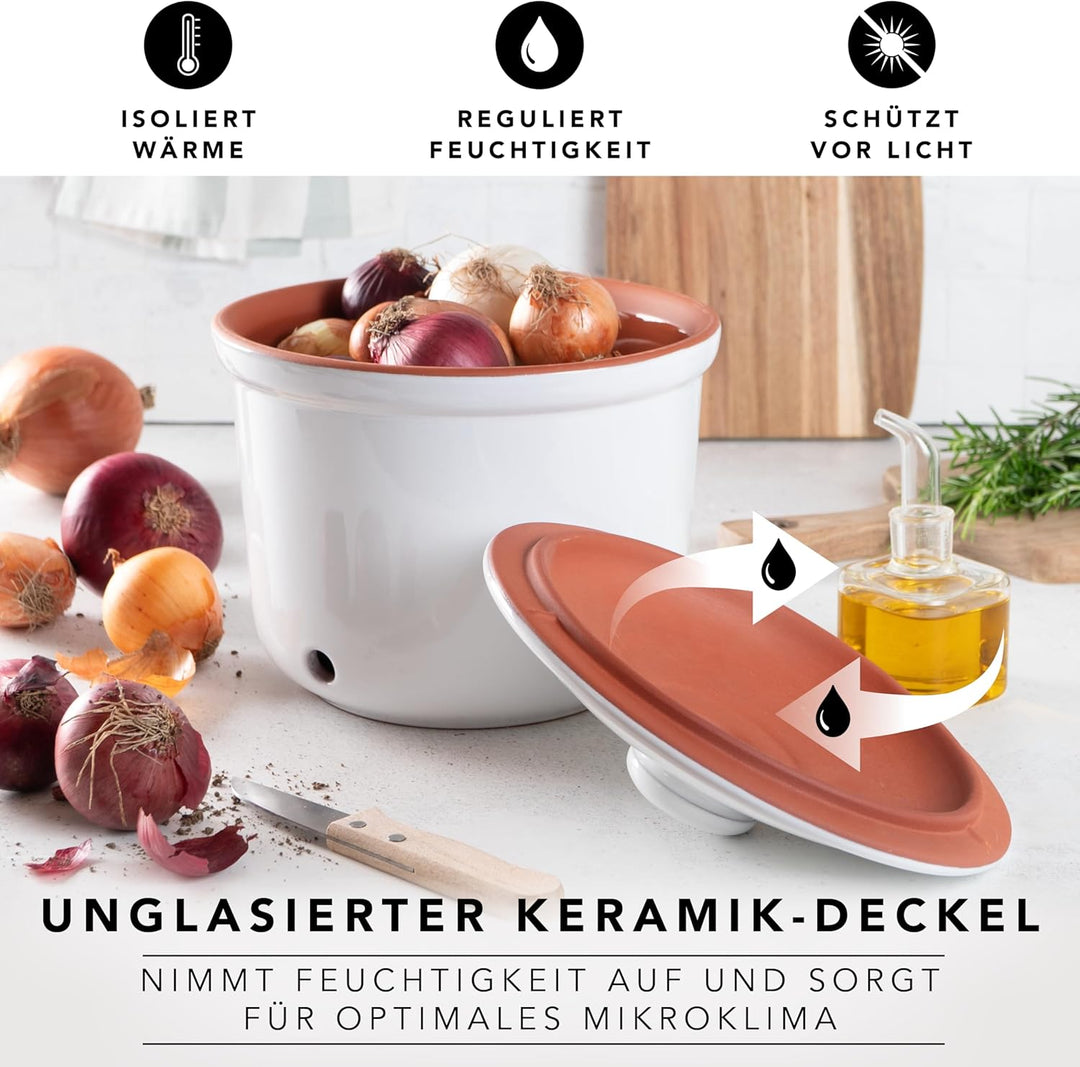 Römertopf Zwiebeltopf Frische-Topf MAXI aus Naturton, Keramik Vorratstopf Ø 20,0cm weiss ø21cm, ø21c