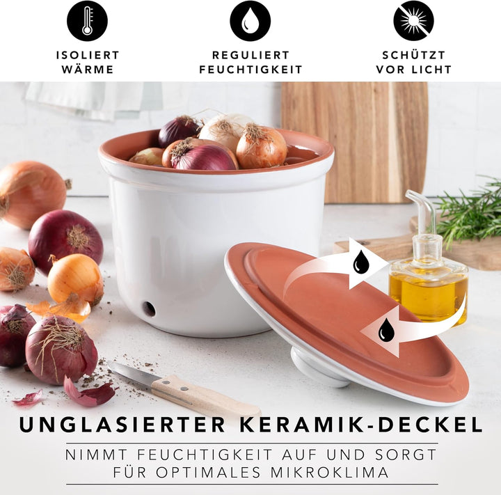 Römertopf Zwiebeltopf Frische-Topf MAXI aus Naturton, Keramik Vorratstopf Ø 20,0cm weiss ø21cm, ø21c