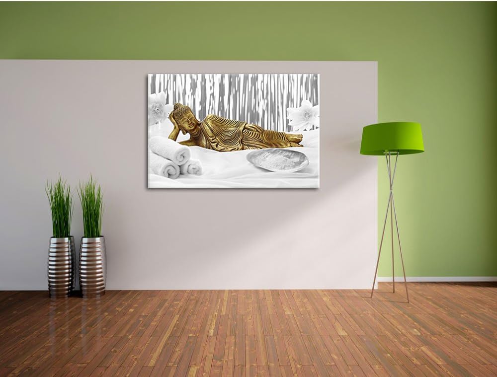 Pixxprint Goldener Buddha auf Handtuch / 100x70cm Leinwandbild bespannt auf Holzrahmen/Wandbild Kuns