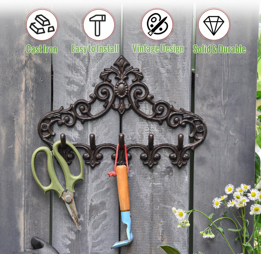 Sungmor Retro Style Gusseisen Wandhalterung mit 5 Haken - 13,07 × 8,74 Zoll/Aushöhlungsmuster Dekora