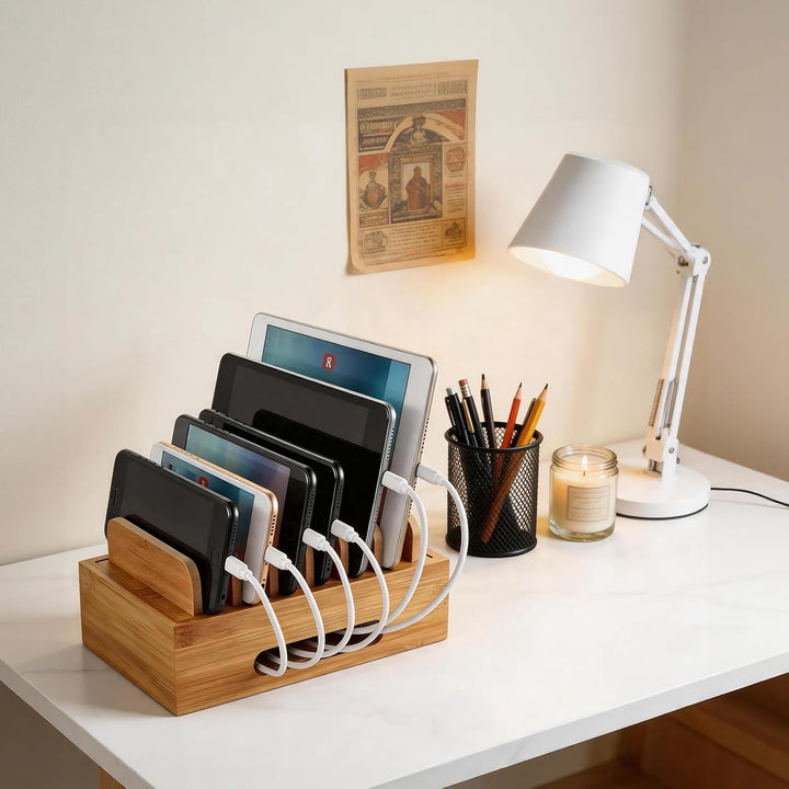 Holz Ladestation für Mehrere Geräte Ladestations Organizer 6 Fächer Handy-Dock Tragbare Dockingstati