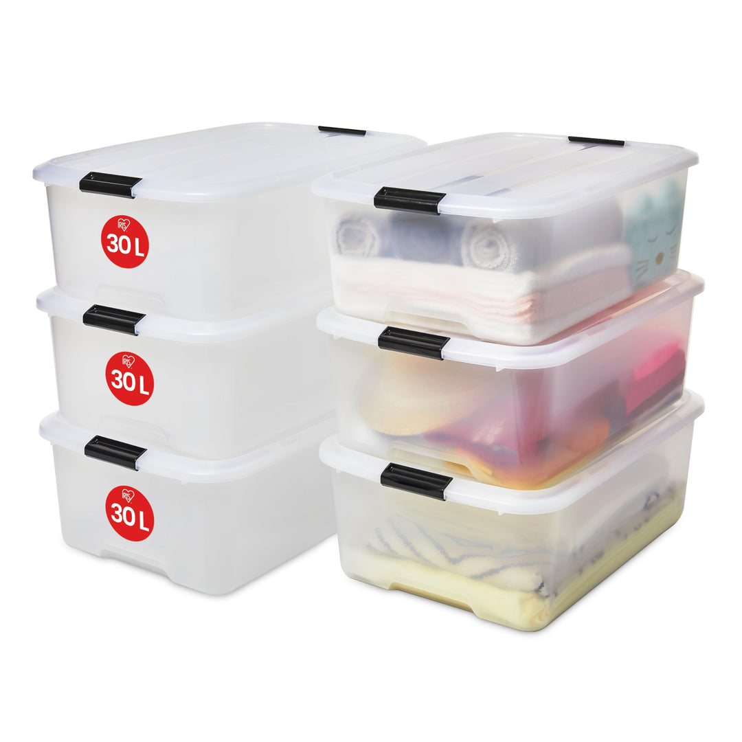 Iris Ohyama Aufbewahrungsbox mit Deckel, 30L, 6er-Set, Transparent, Schnappverschlüsse mit Griffen,