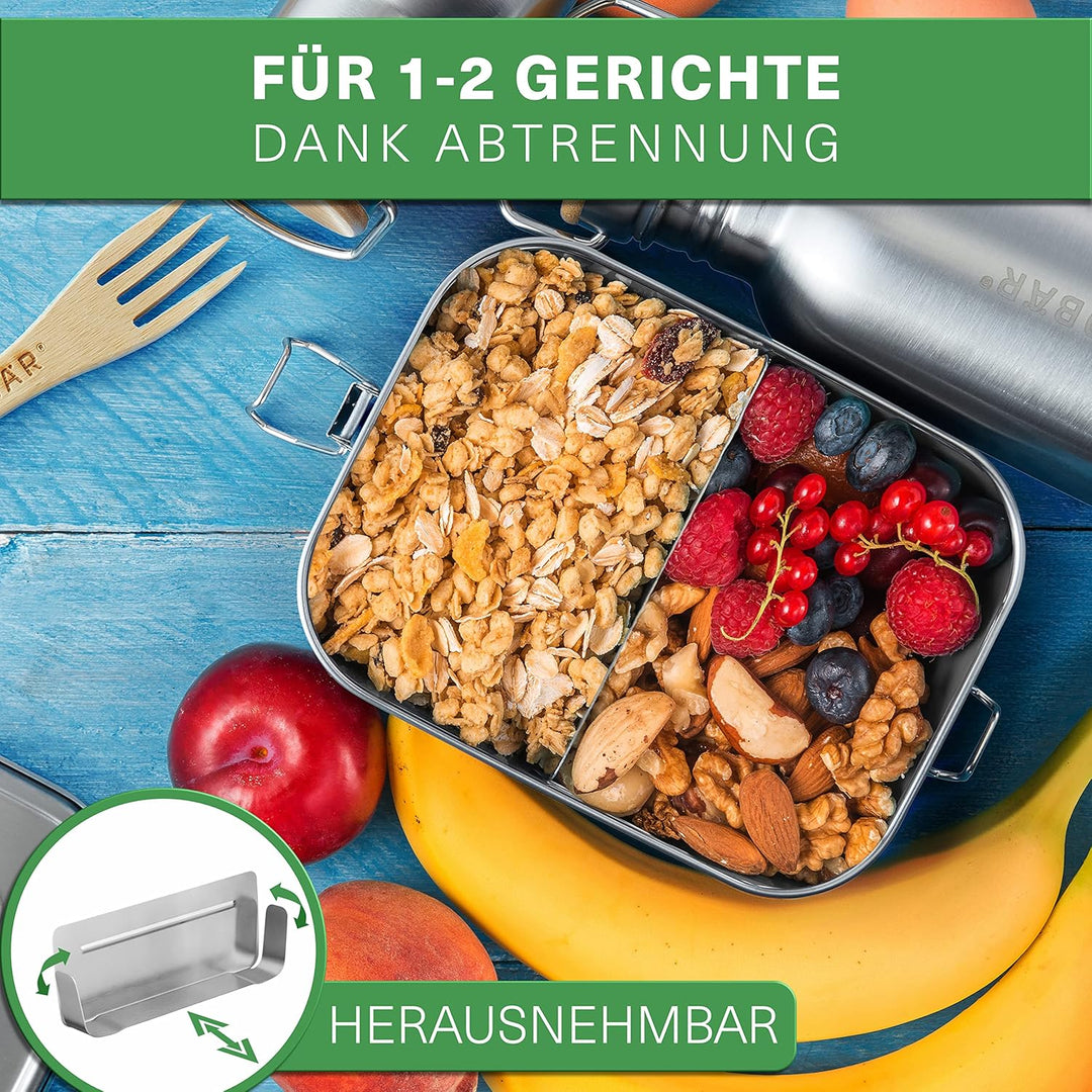 WILDBÄR – Premium Edelstahl Brotdose. BPA& plastikfreie Lunchbox mit flexibler Abtrennung ist auslau