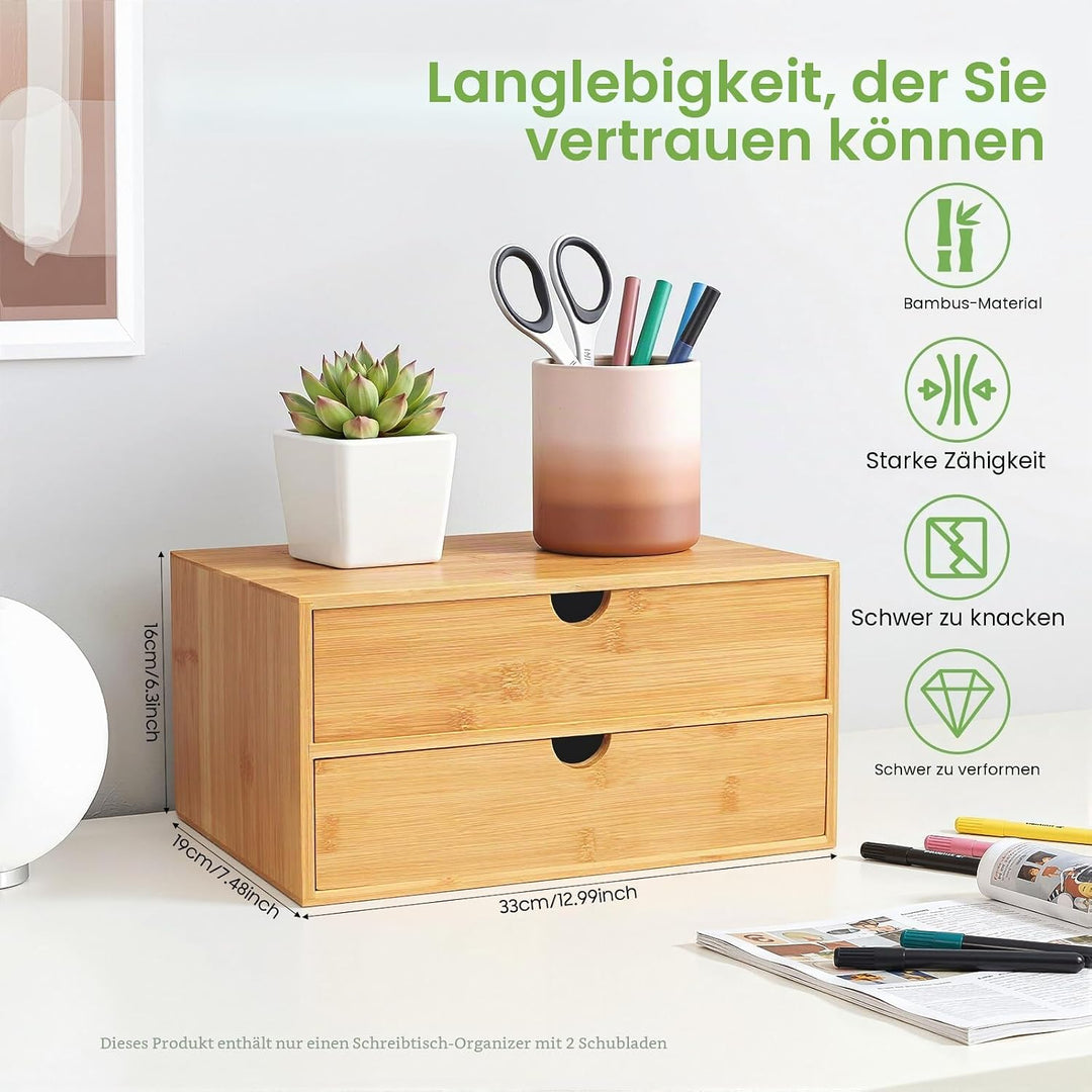 Schubladenbox, Schreibtisch Organizer 2 Schubladen Bambus, Naturbelassener Desktop Organizer 33x19x1