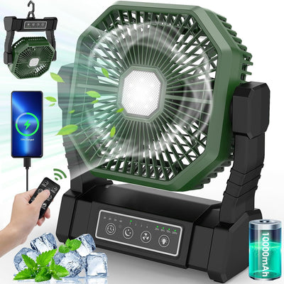 Camping Ventilator mit LED-Licht, Wiederaufladbarer Camping Fan mit Haken & Fernbedienung, 4 Geschwi