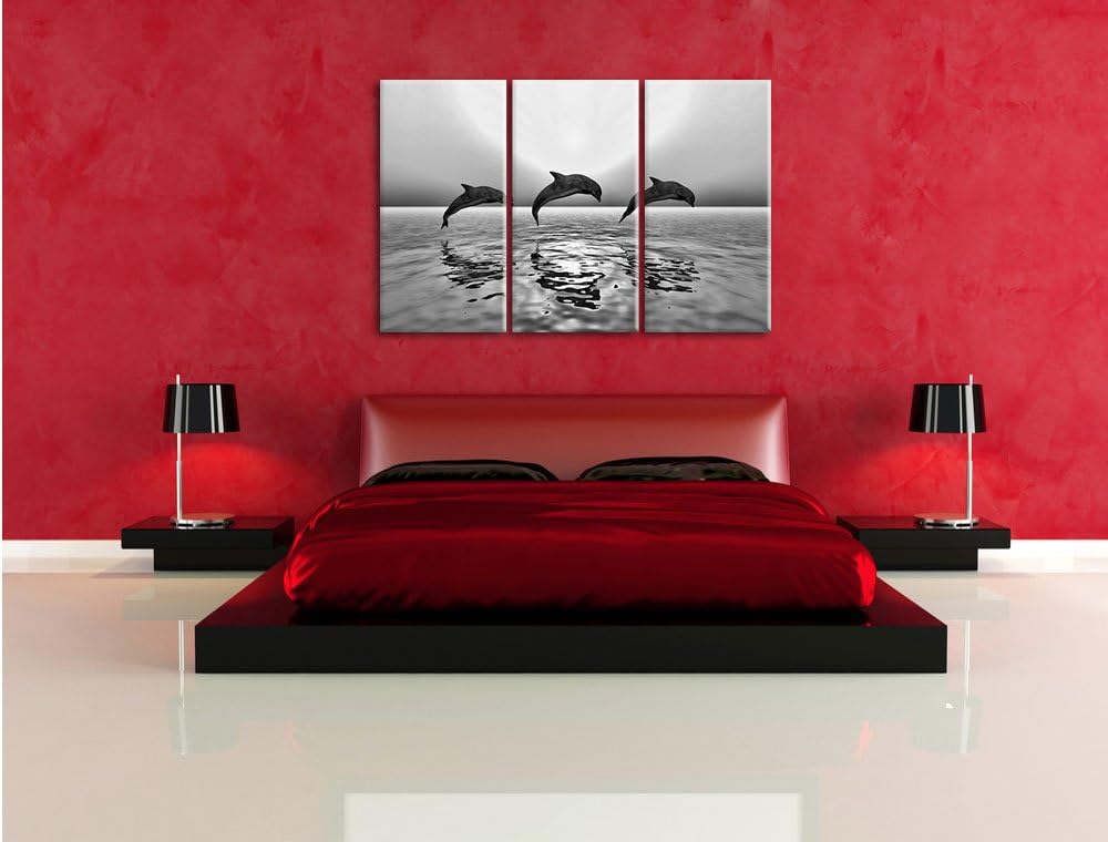 Pixxprint Delfine im Sonnenuntergang als Leinwandbild/Grösse: 3 Teilig (120x80) cm/Wandbild/Kunstdru