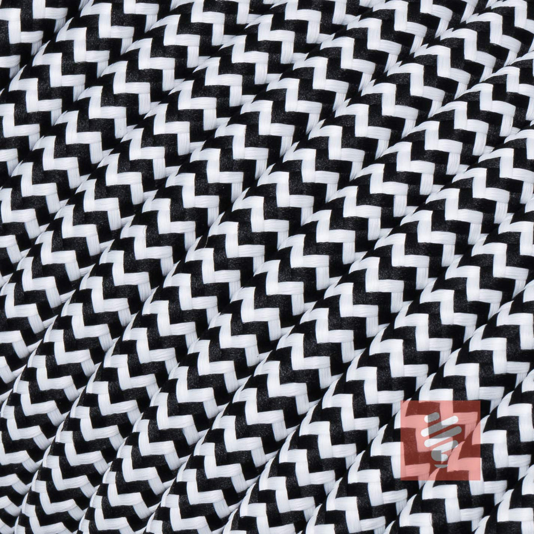 Textilkabel für Lampe, Textilummanteltes Rundkabel, dreiadrig 3x0,75mm², Schwarz-Weiss, zick-zack -