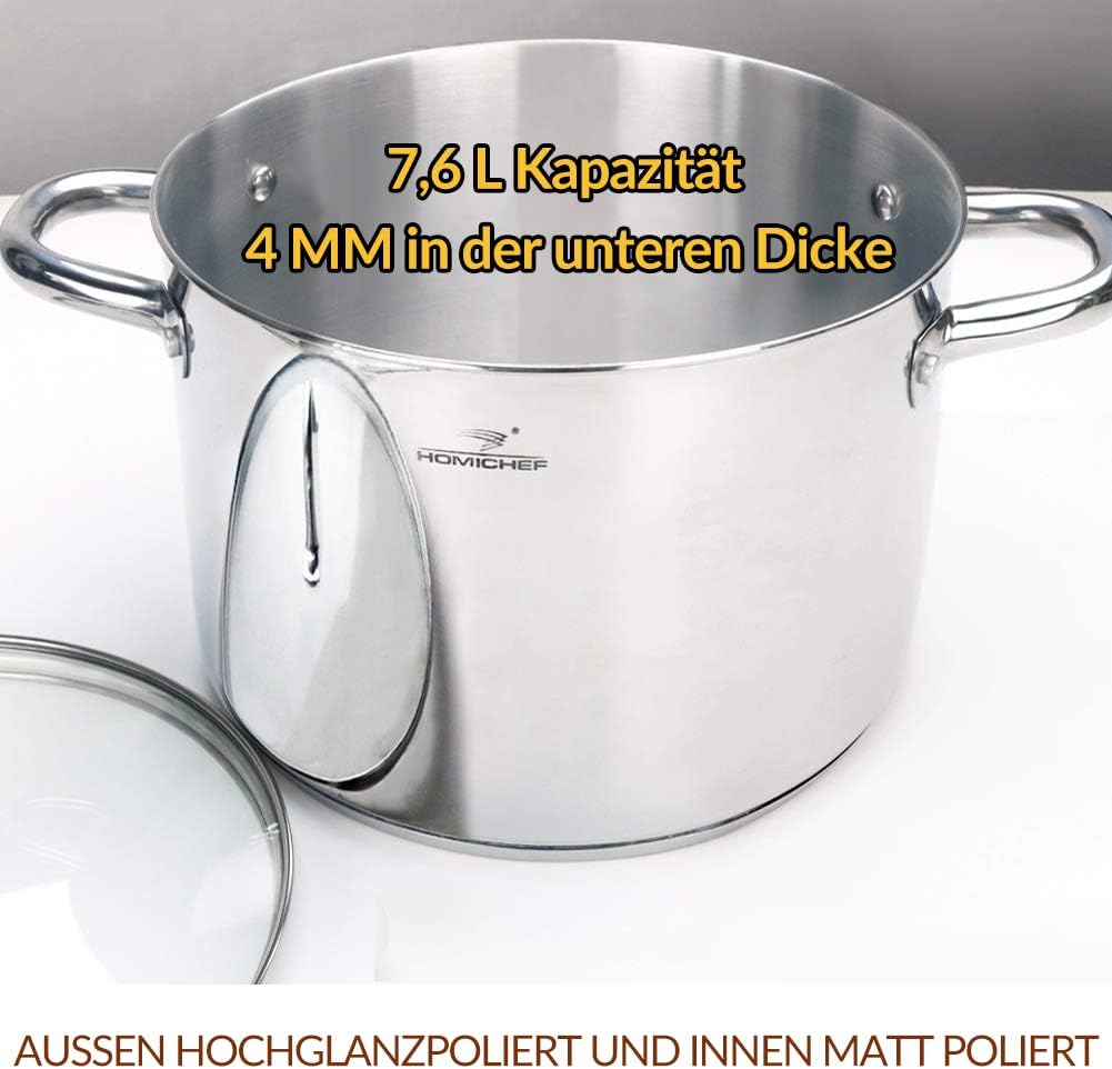 HOMICHEF Suppentopf 24,5 cm 7,6 Liter mit Deckel Nickelfreier Edelstahl - Hochglanzpolierter Suppent