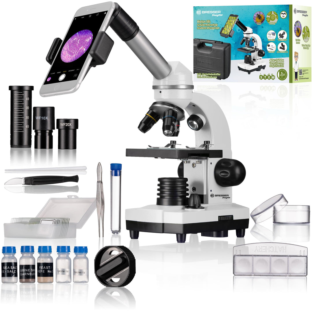 Bresser Biolux SEL Schülermikroskop Set mit Beleuchtung, Smartphoneadapter, Hartschalenkoffer, einem