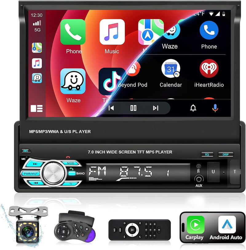 Podofo Autoradio 1 Din mit Apple Carplay und Android Auto, 7 Zoll Bildschirm Autoradio mit Bluetooth